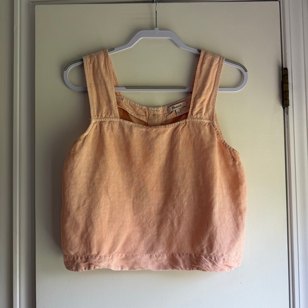 Madewell Peach Linen Blend Square Neck Button Back Crop Tank Top Size 10